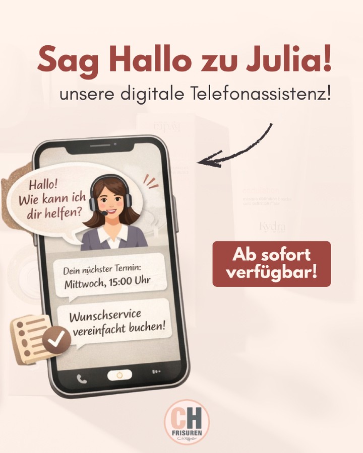 NEU bei uns: KI-Telefonsystem mit Julia 📞✨Ab sofort wird Terminvereinbarung für euch noch schneller & entspannter:Unsere digitale Assistenz Julia nimmt euren Anruf entgegen – und wenn ihr schon mal bei uns wart, erkennt sie eure Telefonnummer und hat direkt wichtige Infos parat (z. B. bereits gebuchte Termine). So kommt ihr ohne langes Hin und Her fix zu eurem Wunschtermin. 💛Für unser Team bedeutet das: weniger Telefon-Stress – und mehr Fokus auf euch im Stuhl. 💇♀️✅ Ab sofort verfügbar
📲 Ruft einfach wie gewohnt an – Julia kümmert sich um euren Termin.👉 Schreibt in die Kommentare: Team Anrufen oder Team Online buchen?#christianehoegemannfrisuren #friseur #friseursalon #terminbuchung #kundenservice #digitalisierung #künstlicheintelligenz #münster #salonalltag #friseurtermin #beautyservice #haare #balayage #blondexpertin