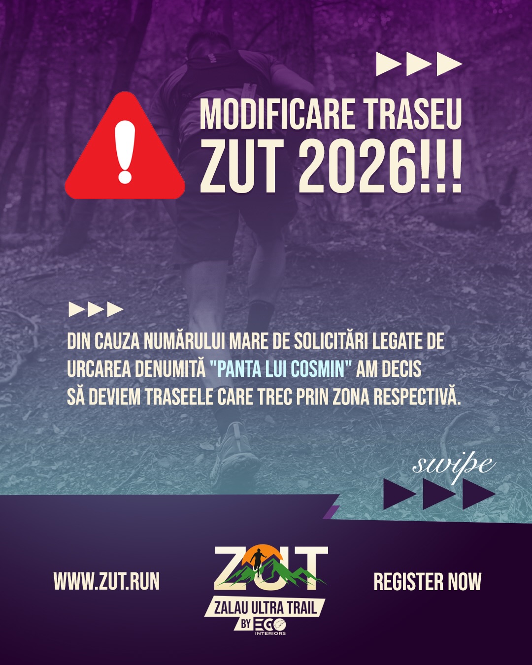 ⚠️ Am decis să scoatem „Panta lui Cosmin” din traseele ZUT!
Prea multă lume se plângea 🏃😔
…
GLUMIM!!! Legat de pantă.
Legat de ZUT - niciodată 🌄 tocmai de aceea vrem să știi că ⏭️ Mai sunt 100 de zile până când ne întâlnim din nou cu traseele și vibe ul ZUT 🔥 Iar Panta lui Cosmin e tot acolo 😎
Tu ce faci cu urcările anul ăsta?
Le alergi sau te aleargă ele pe tine? 😈
Dacă încă nu te-ai înscris, nu mai pierde timpul ⏰ alege ce ți se potrivește și...
📍 Ne vedem la ZUT 2026 powered by EGOinteriors
🌐 Detalii & înscrieri: www.zut.run
📆 10-12 iulie 2026
_________________
⚠️ We’ve decided to remove “Cosmin’s Hill” from the ZUT courses!
Too many people were complaining 🏃😔
…
JUST KIDDING!!! About the hill.
About ZUT – never 🌄
That’s exactly why you should know ⏭️
There are 100 days left until we meet again on the ZUT trails and vibe 🔥
And yes… Cosmin’s Hill is still there 😎
So what about climbs this year?
Do you run them, or do they run you? 😈
If you haven’t signed up yet, don’t waste time ⏰
Pick what suits you and...
📍 See you at ZUT 2026 powered by EGOinteriors
🌐 Details & registration: www.zut.run
📆 July 10–12, 2026